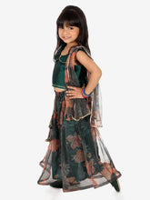 Ethnic Chanderi Choli and Floral print Net Lehenga with Attached Dupatta for Baby Girls- Green